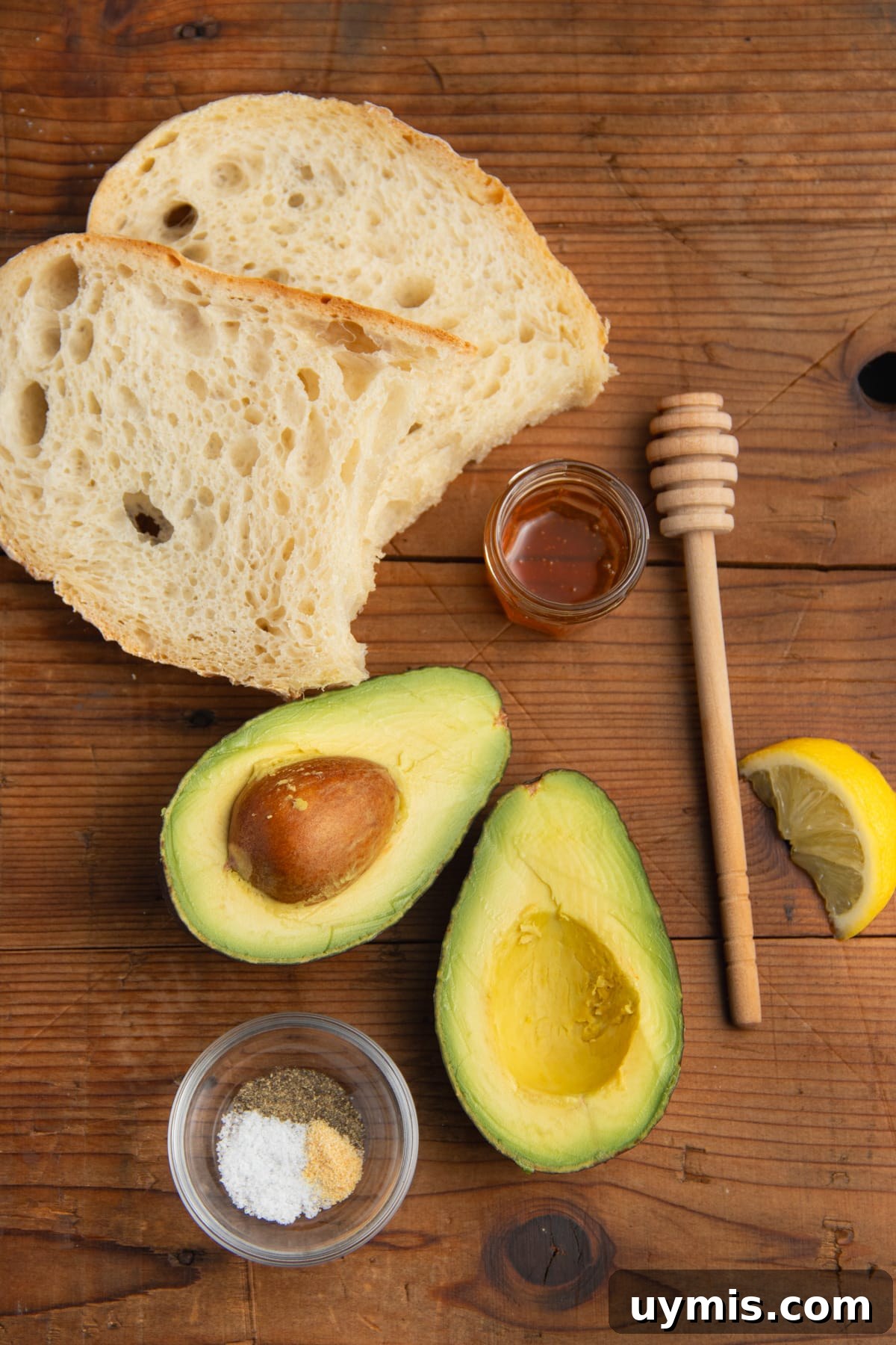 Hot Honey Avocado Toast Recipe 3 This is a picture of the ingredients used to make avocado toast with honey.