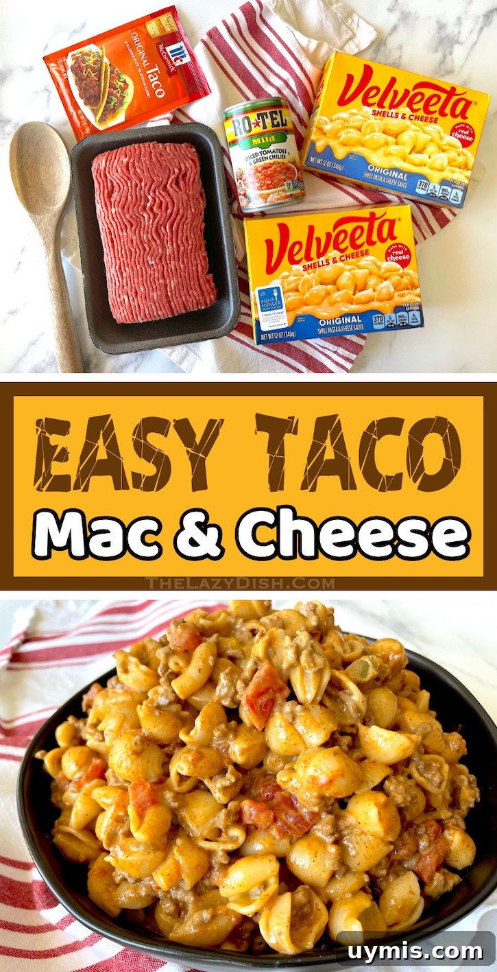 Taco Macaroni and Cheese Skillet Dinner 14 Quick family dinner made with Velveeta macaroni and cheese and taco-seasoned ground beef.