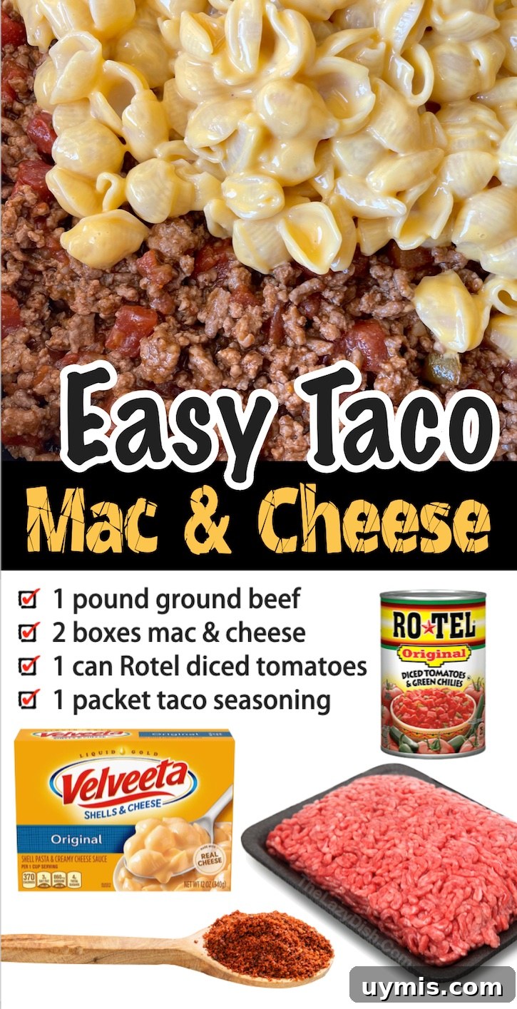 Taco Macaroni and Cheese Skillet Dinner 17 Cheesy taco macaroni with ground beef and diced tomatoes for an easy dinner.