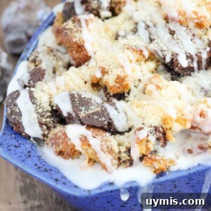 Coffee Donut Bread Pudding with cake donuts, espresso custard, and glaze.