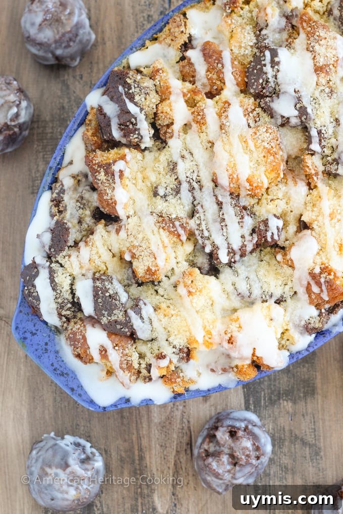 Coffee Donut Bread Pudding with Glazed Donuts 6 Coffee custard poured over cake donut pieces for bread pudding.