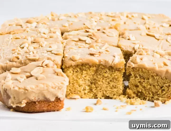 Moist Peanut Butter Cake Recipe: From Scratch 2 sliced peanut butter cake on a piece of parchment paper