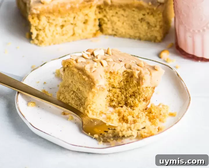 Moist Peanut Butter Cake Recipe: From Scratch 5 slice of peanut butter cake on a plate with a fork taking a bite out of it