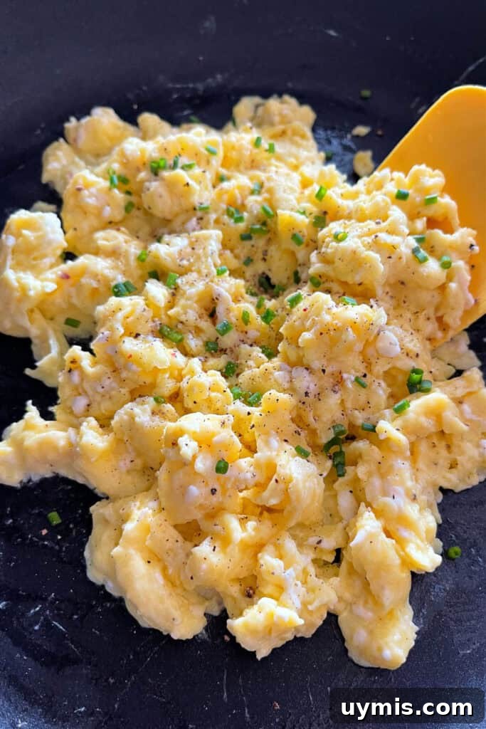 scrambled eggs with chives in skillet