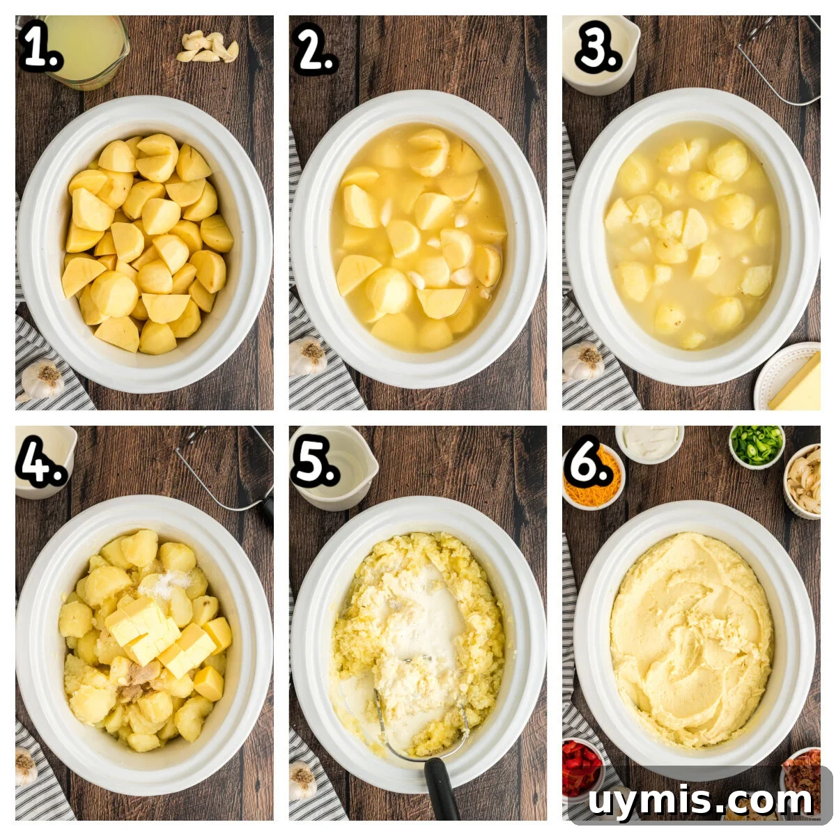 Six images showing how to make mashed potatoes in a slow cooker