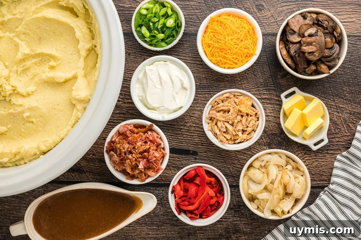Overhead shot of mashed potato bar