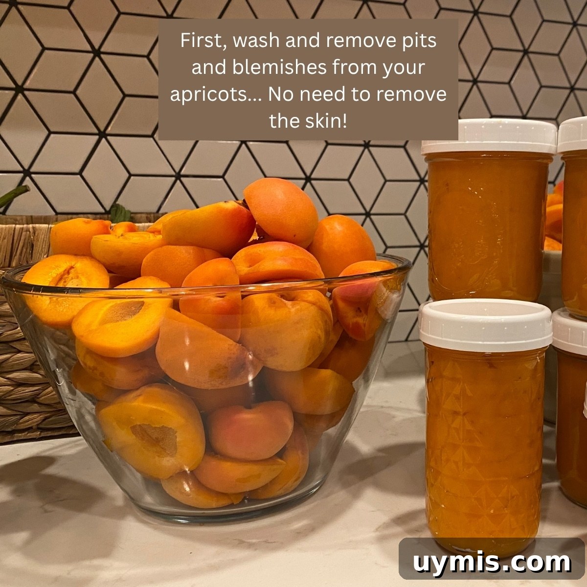 Low Sugar Apricot Freezer Jam Recipe Without Pectin 4 washed apricots sliced in half with pits removed and text