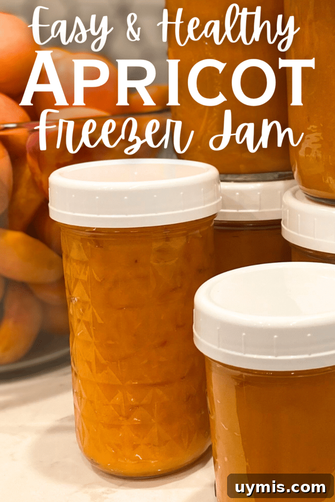 Low Sugar Apricot Freezer Jam Recipe Without Pectin 5 Homemade apricot freezer jam in a glass mason jar on the counter top