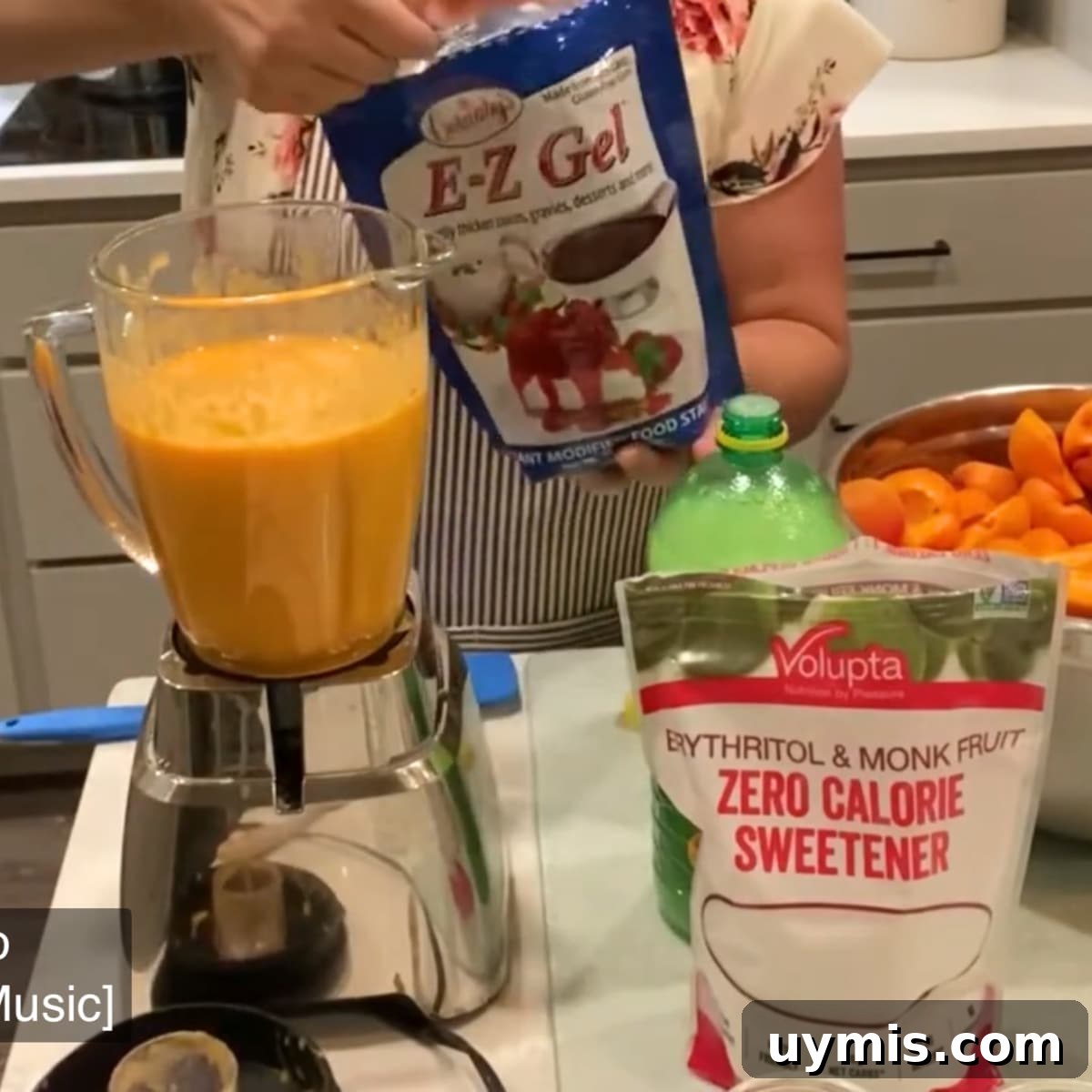 Low Sugar Apricot Freezer Jam Recipe Without Pectin 7 adding EZ Gel to blended apricots to thicken apricot freezer jam