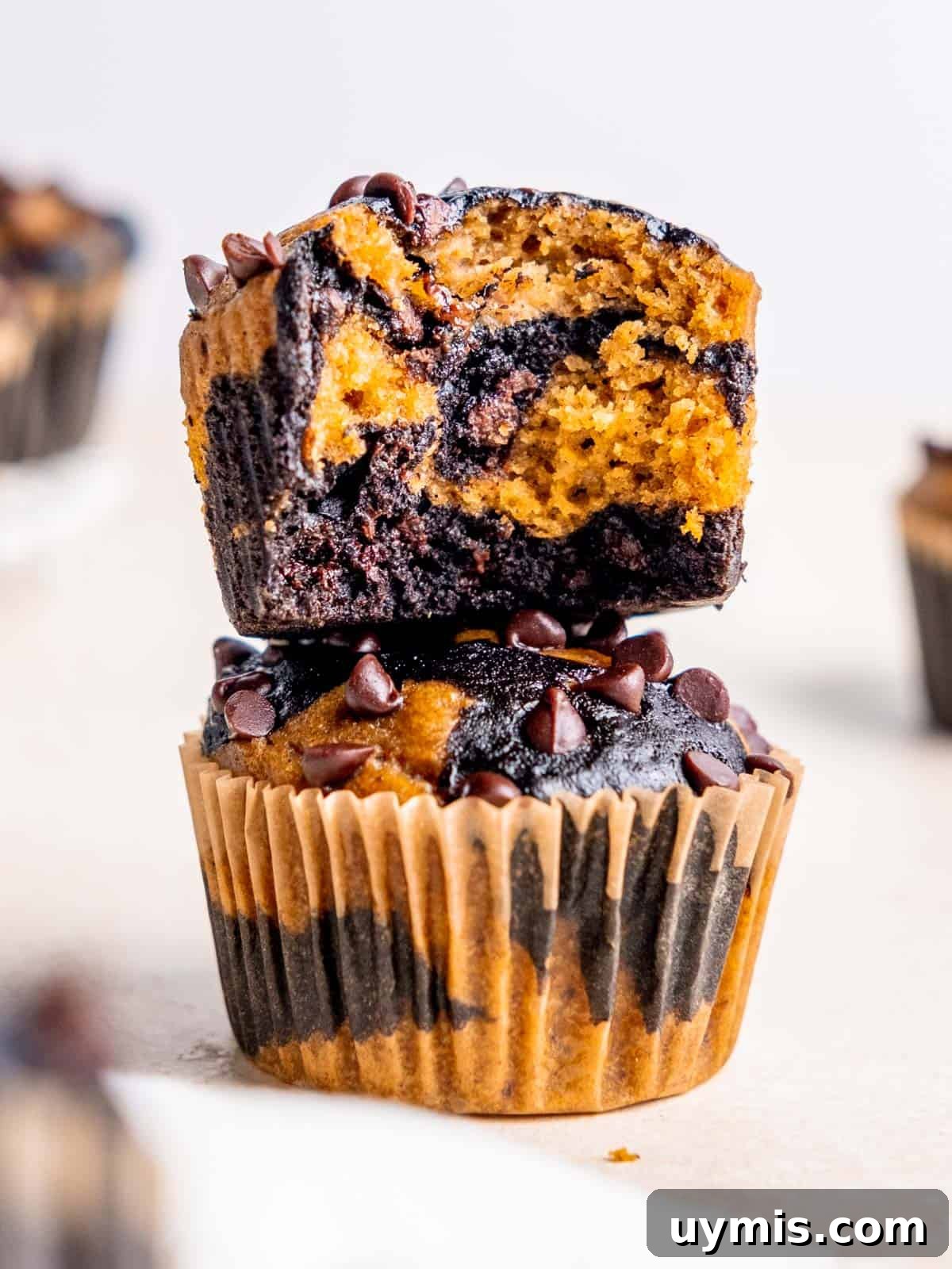 One unwrapped chocolate pumpkin muffin with a bit taken out sitting on top of another muffin in its liner.