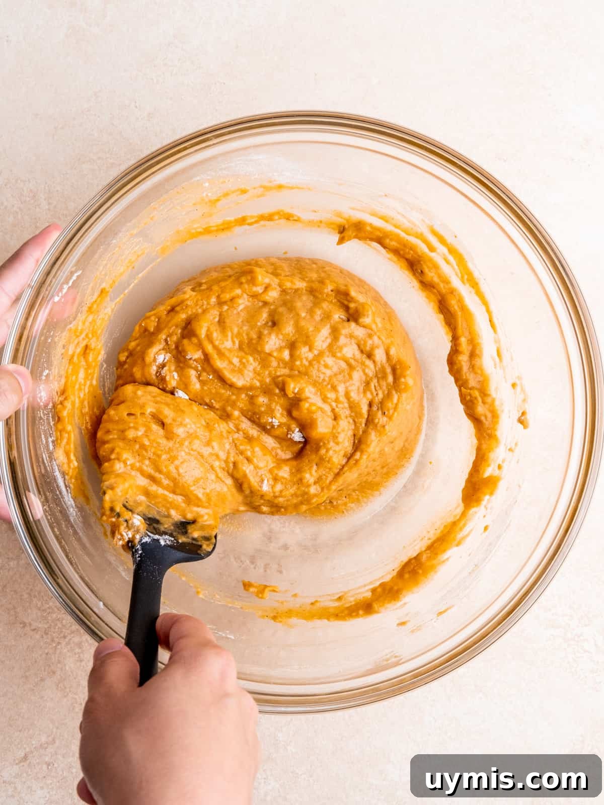 Folding pumpkin muffin batter in a bowl with a spatula.