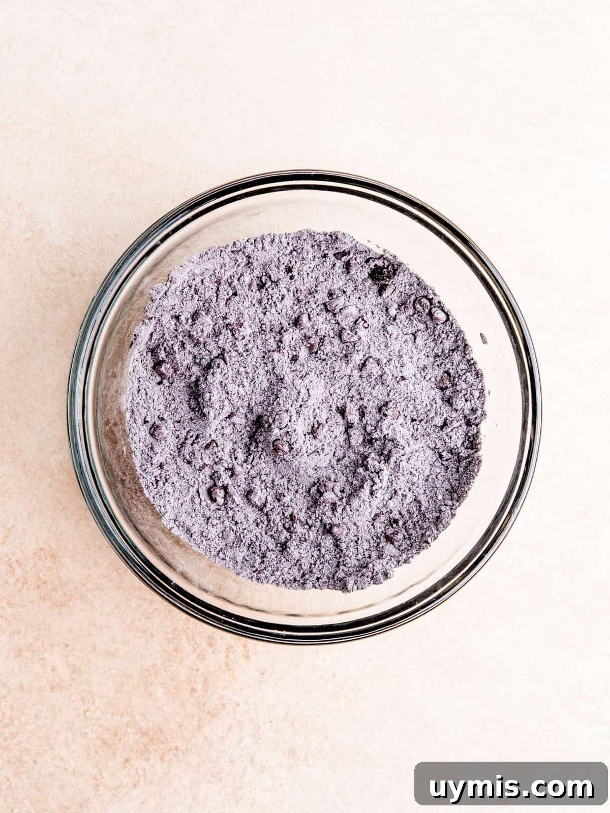 Flour, baking soda, salt, cocoa powder and mini chocolate chips mixed together in a bowl.