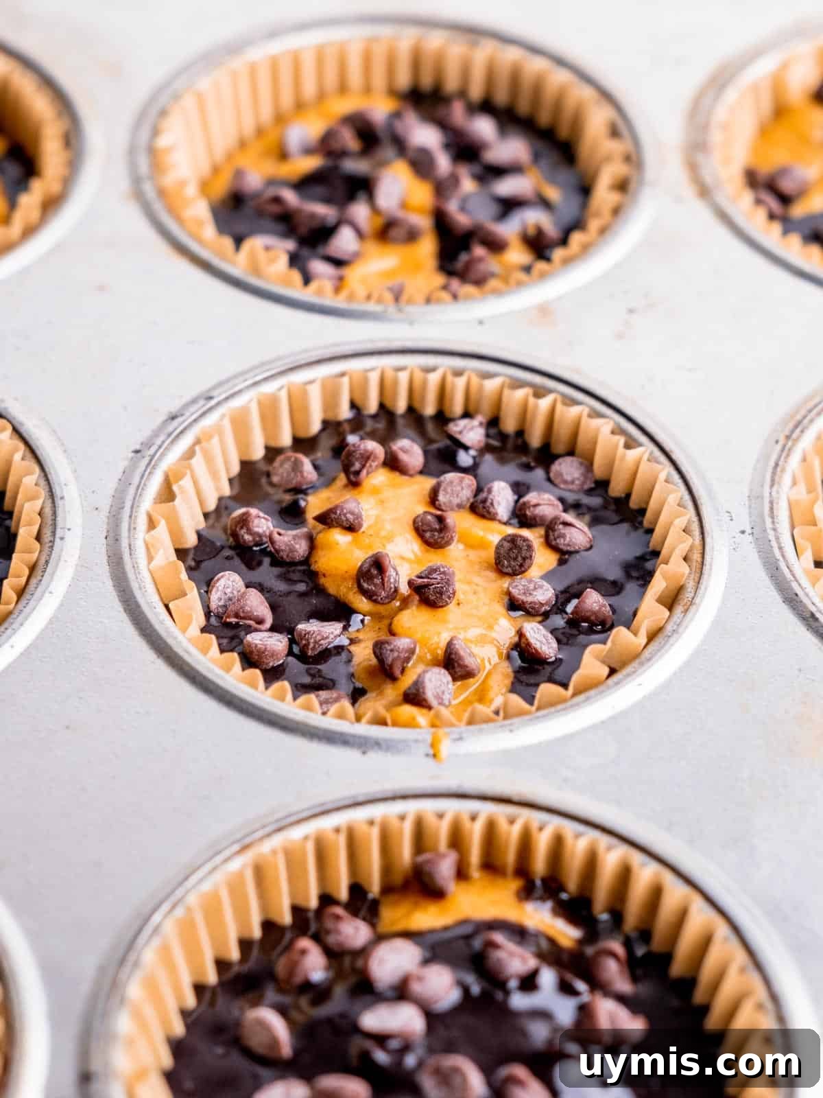 Pumpkin and chocolate muffin batters swirled in muffin liners.