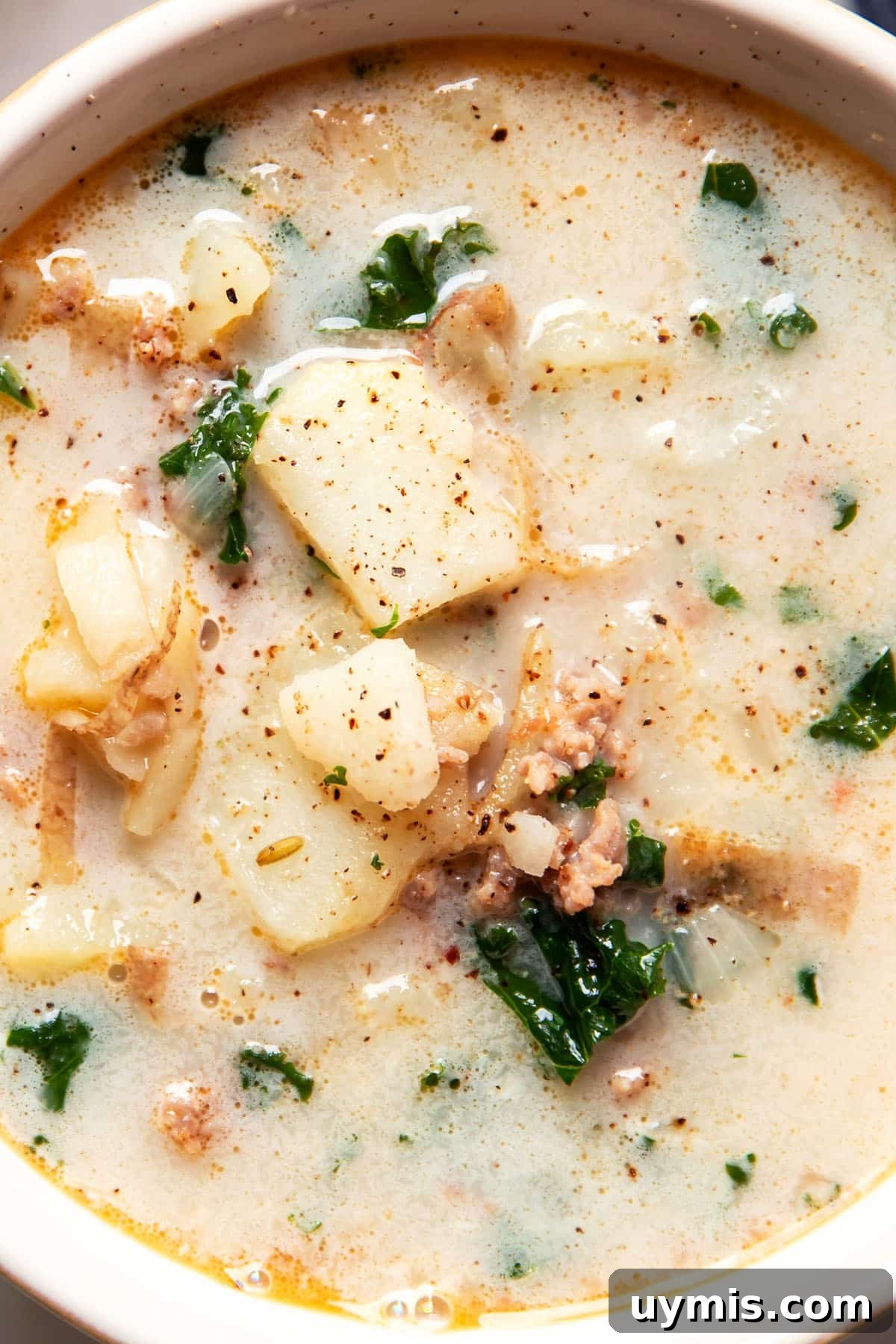Olive Garden Zuppa Toscana Copycat Recipe 3 zuppa toscana potato kale soup in a soup bowl close up