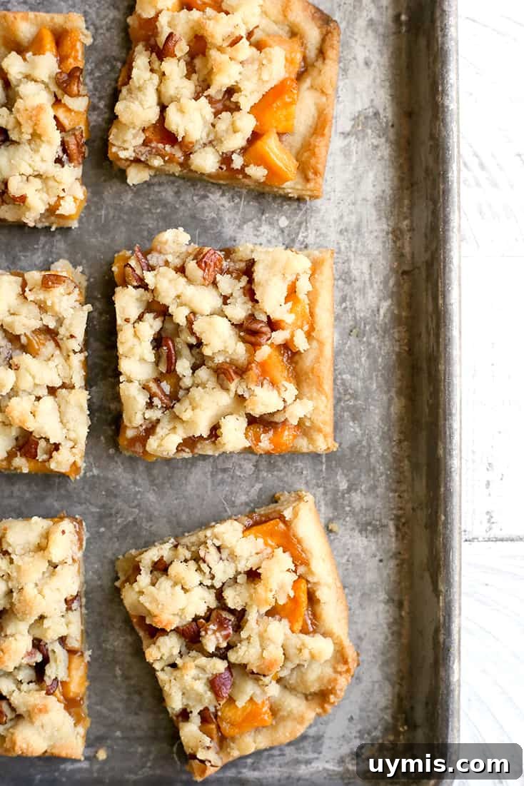 Grain-Free Paleo Peach Crumb Bars 4 These Paleo Peach Pie Crumb Bars have all the flavor of the classic pie, but made was easier! They are vegan, gluten free, dairy free, egg free, and naturally sweetened.