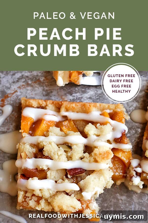 Grain-Free Paleo Peach Crumb Bars 8 These Paleo Peach Pie Crumb Bars have all the flavor of the classic pie, but made was easier! They are vegan, gluten free, dairy free, egg free, and naturally sweetened.