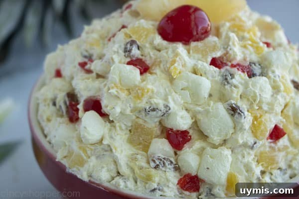 Fluffy Pineapple Salad with Marshmallows and Whipped Cream 11 Closeup shot of salad with pineapple