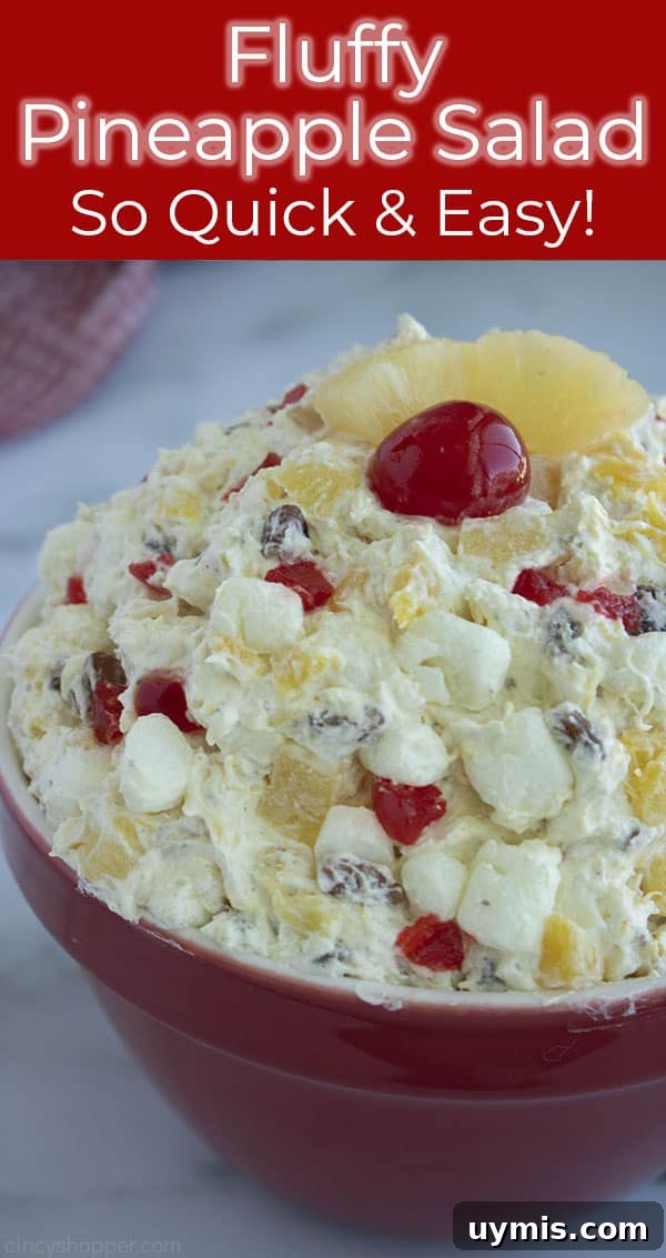Fluffy Pineapple Salad with Marshmallows and Whipped Cream 15 Pineapple Salad in a red bowl with cherry on top