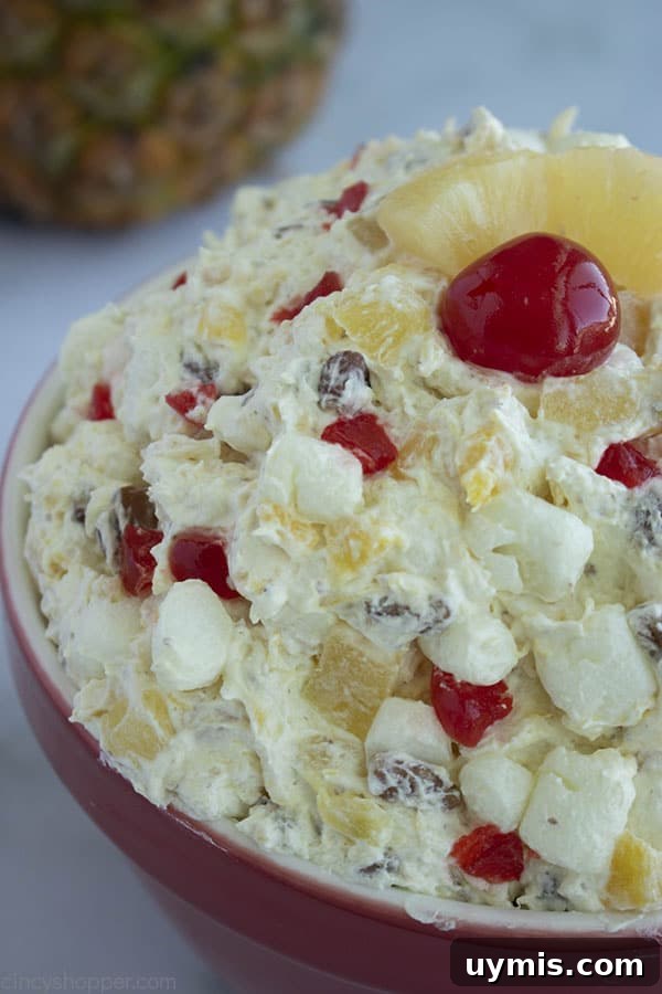Fluffy Pineapple Salad with Marshmallows and Whipped Cream 4 Red Bowl with fluffy salad