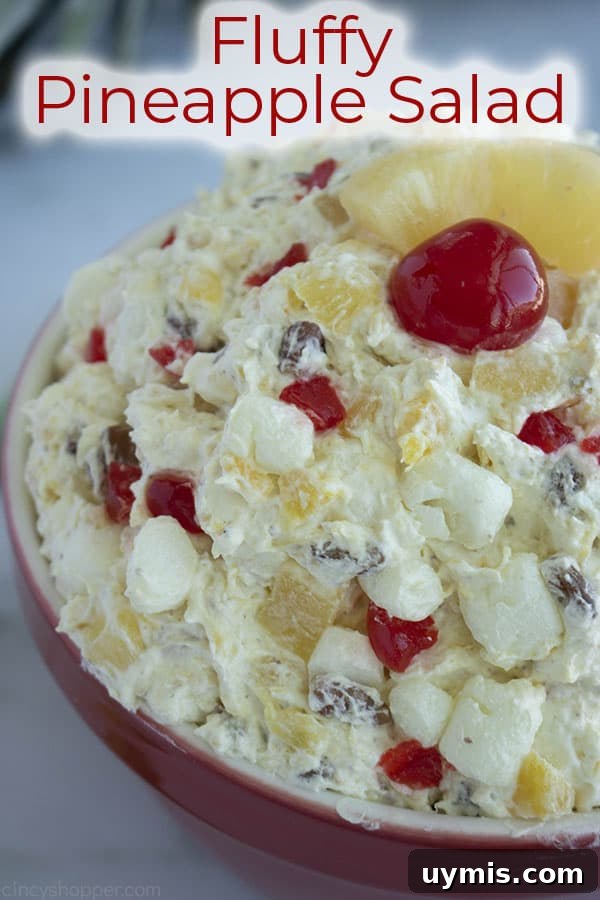 Fluffy Pineapple Salad with Marshmallows and Whipped Cream 6 Text on image of Fluffy Pineapple Salad