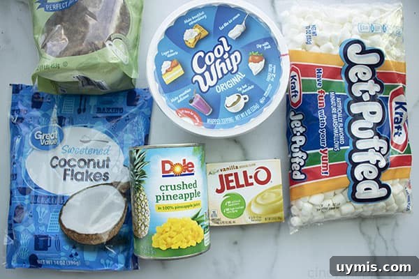 Fluffy Pineapple Salad with Marshmallows and Whipped Cream 7 ingredients for pineapple salad
