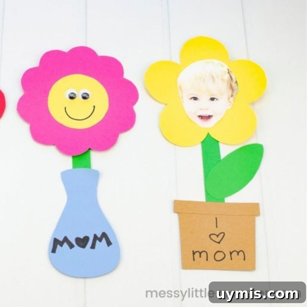 16 Paper Flower Crafts to Make This Spring 9 Flower with kid's picture with I love mom