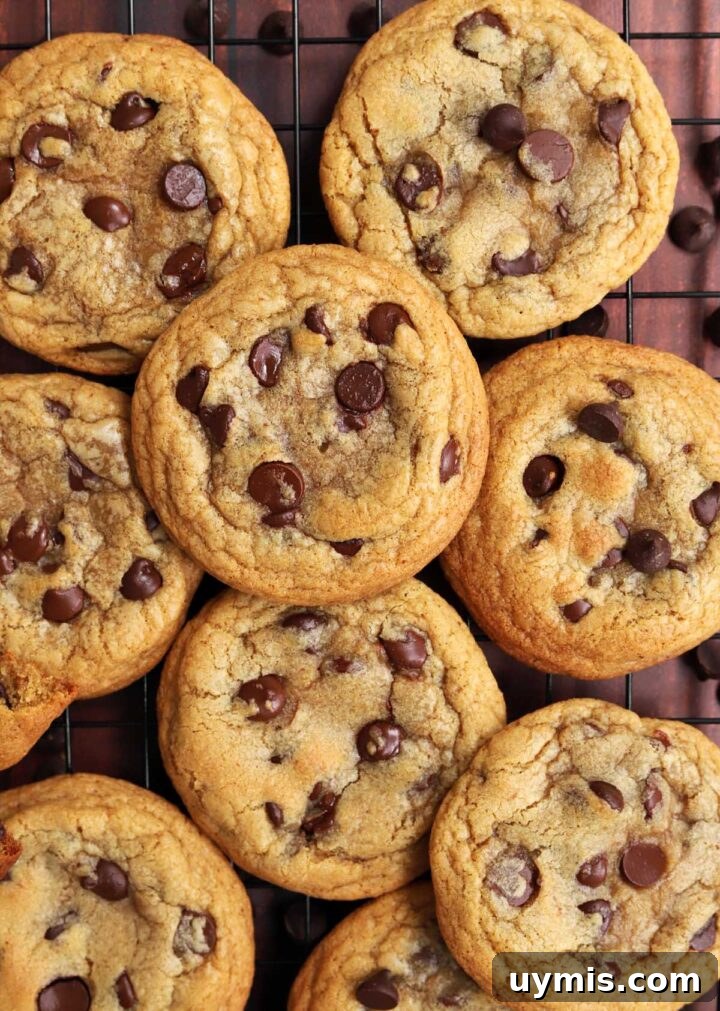 No-Chill Chocolate Chip Cookie Recipe 2 best brown butter chocolate chip cookies on cooling rack with a bowl of chocolate chips