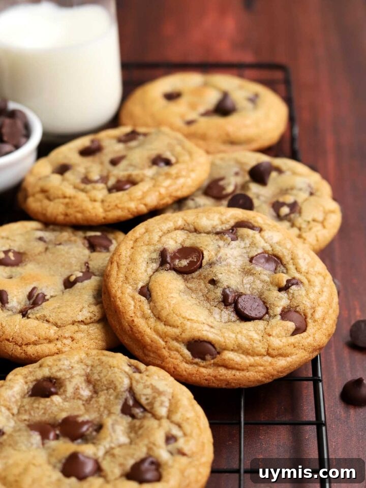 No-Chill Chocolate Chip Cookie Recipe 11 side angle view of best brown butter chocolate chip cookies on cooling rack with a bowl of chocolate chips and glass of milk