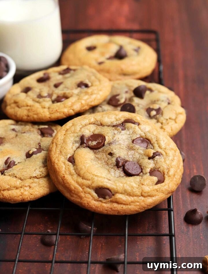 No-Chill Chocolate Chip Cookie Recipe 5 side angle view of best brown butter chocolate chip cookies on cooling rack with a bowl of chocolate chips and glass of milk