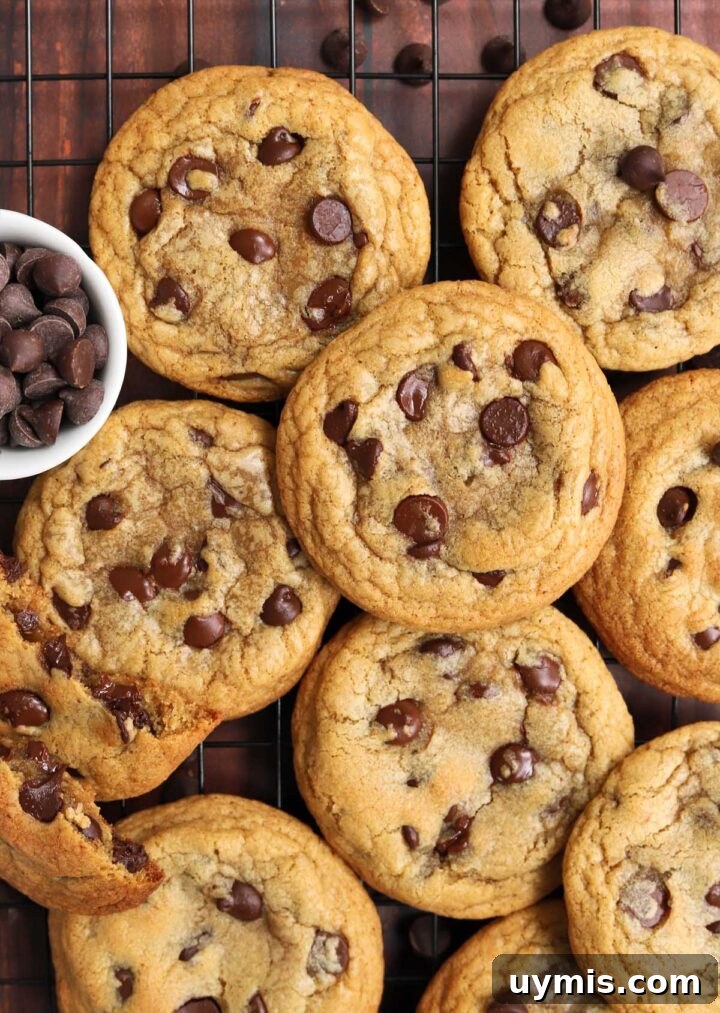 No-Chill Chocolate Chip Cookie Recipe 6 best brown butter chocolate chip cookies on cooling rack with a bowl of chocolate chips