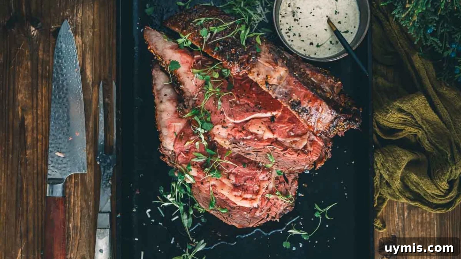 21 Elegant Easter Main Courses for a Stunning Holiday Table 10 Reverse seared prime rib with deep browned crust sliced to show rosy center.
