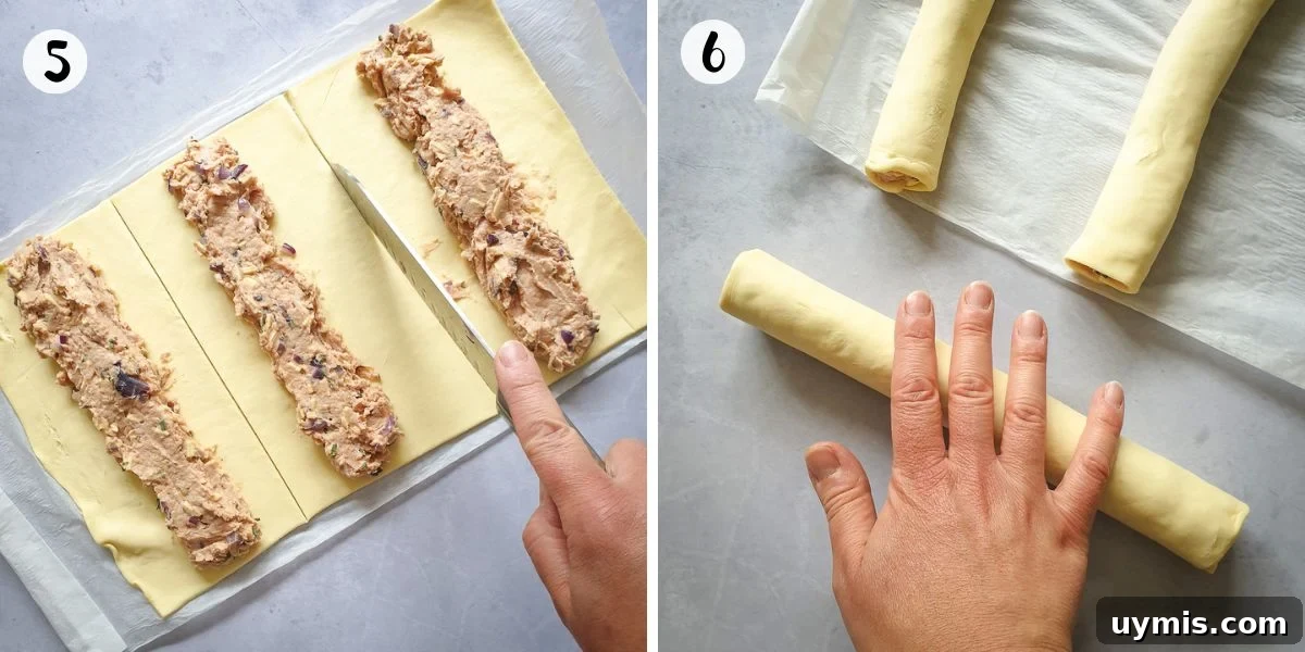 Vegan Sausage Rolls with Sage and Red Onion Recipe 6 put sausages onto pastry and roll