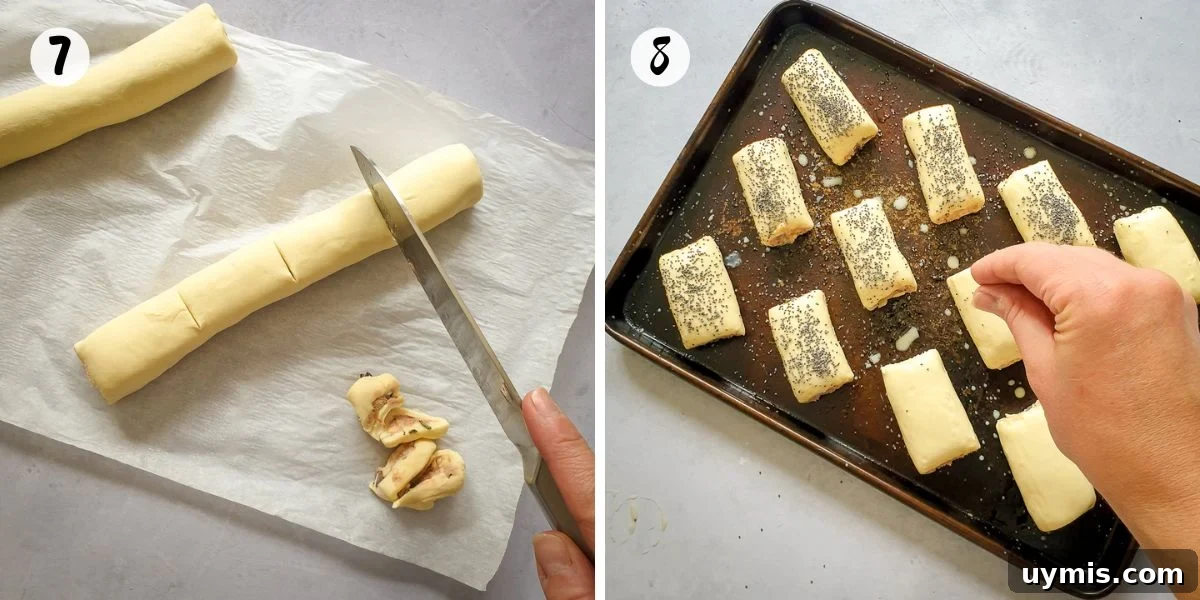 Vegan Sausage Rolls with Sage and Red Onion Recipe 7 cut into four glaze and bake