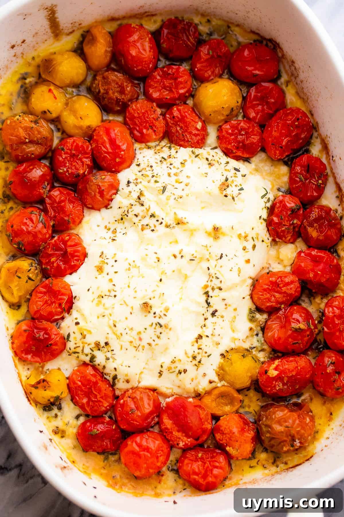 Creamy Baked Shrimp Pasta with Cream Cheese 4 a baking dish with block of cream cheese with cherry tomatoes around it
