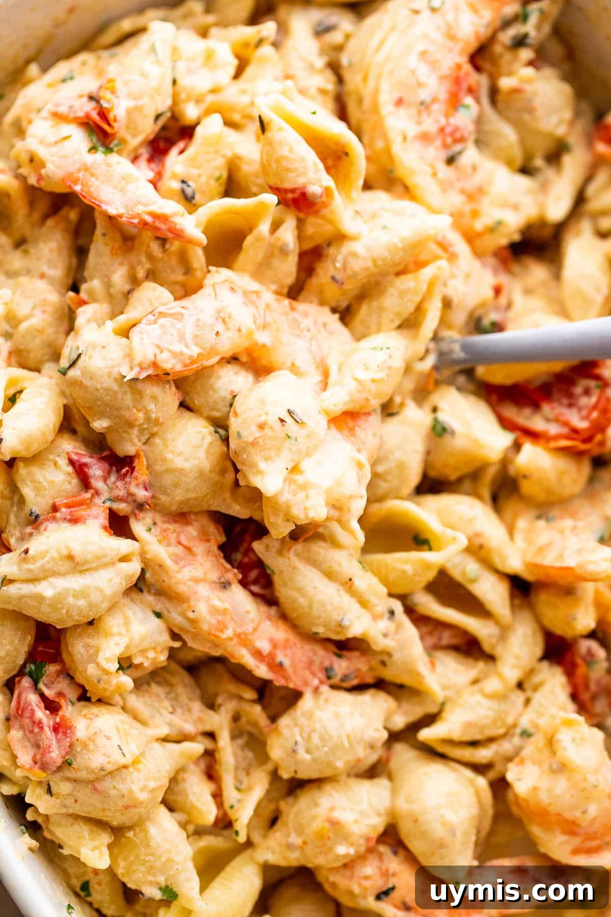 Creamy Baked Shrimp Pasta with Cream Cheese 7 baked cream cheese pasta with shrimp in a serving dish