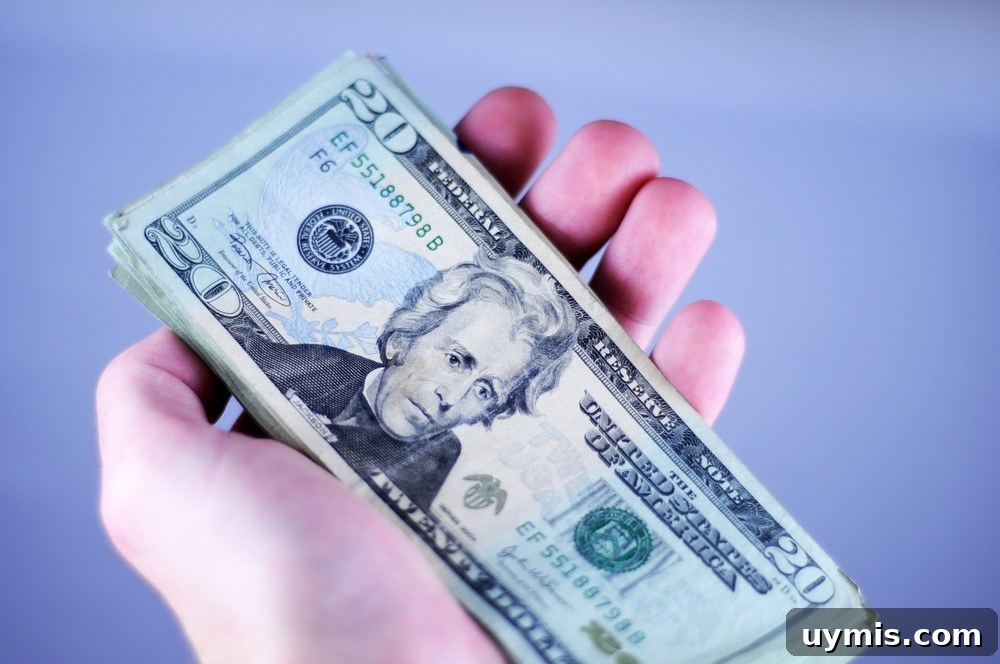 Hand holding many dollar bills, the top is a $20 bill