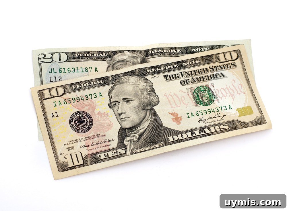 $20 bill & $10 bill