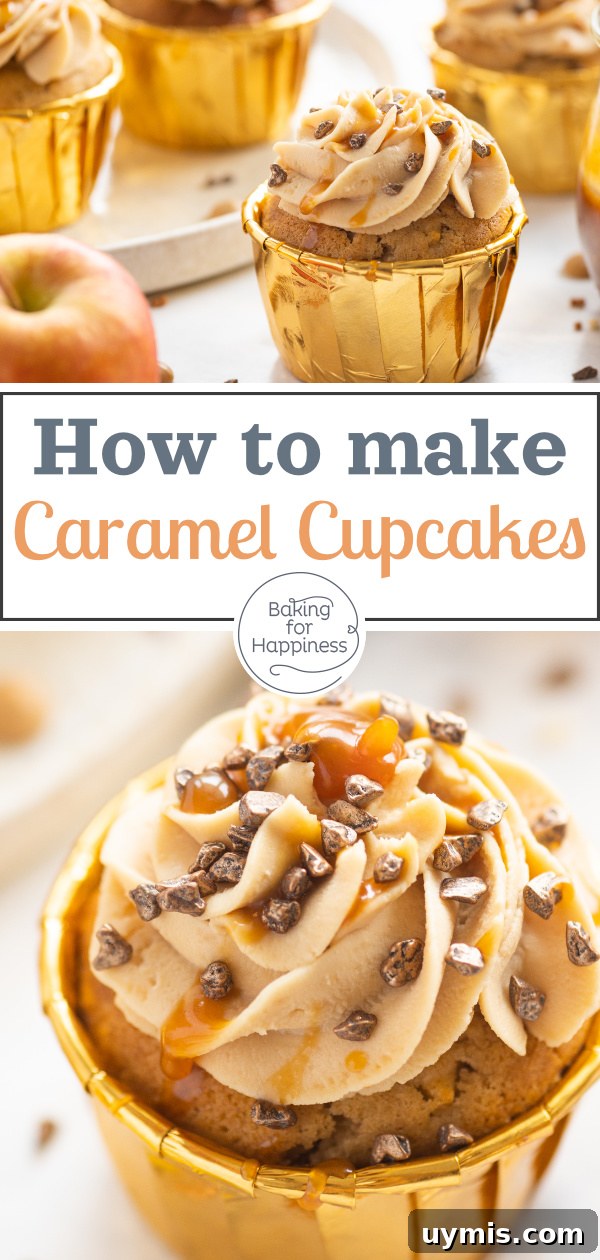 Moist apple cinnamon cupcakes with creamy salted caramel topping.