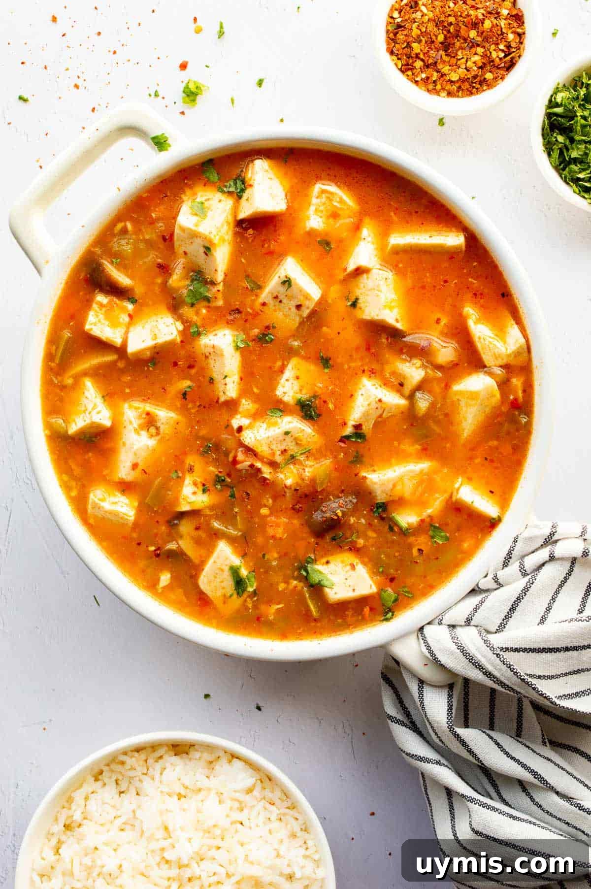 Quick Spicy Silken Tofu Recipe with Garlic Chili Sauce 2 A white dish with tofu in red sauce surrounded by herbs, spices and white rice.