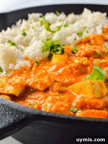 A cast iron pan with an orange curry and rice in it seen from the front