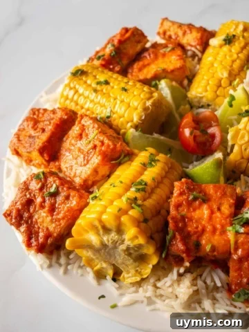 front view of a plate of rice with spicy tofu and corn on the cob