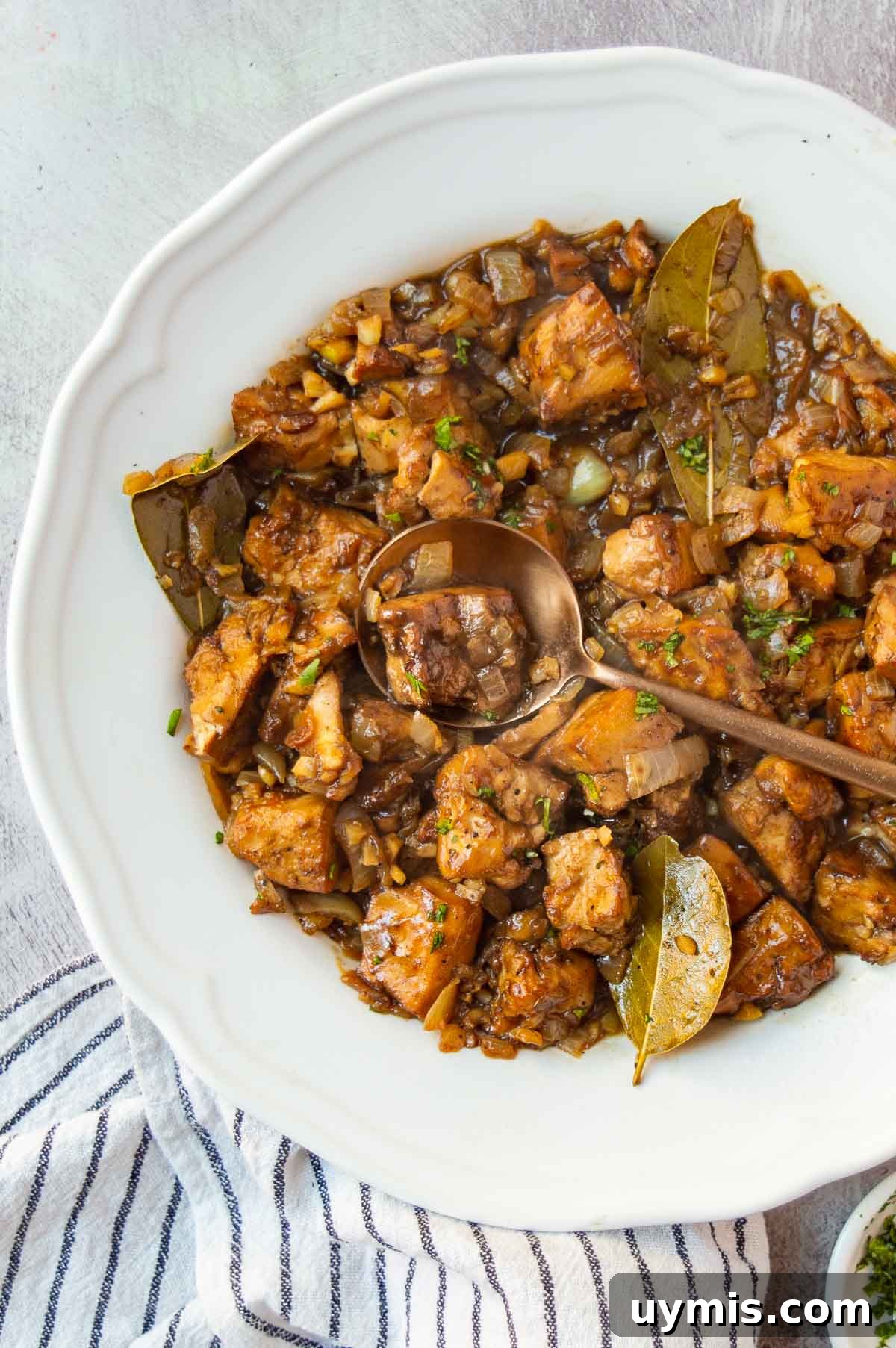 Top-down view of a white bowl with chunks of tofu in a dark brown thick adobo sauce.