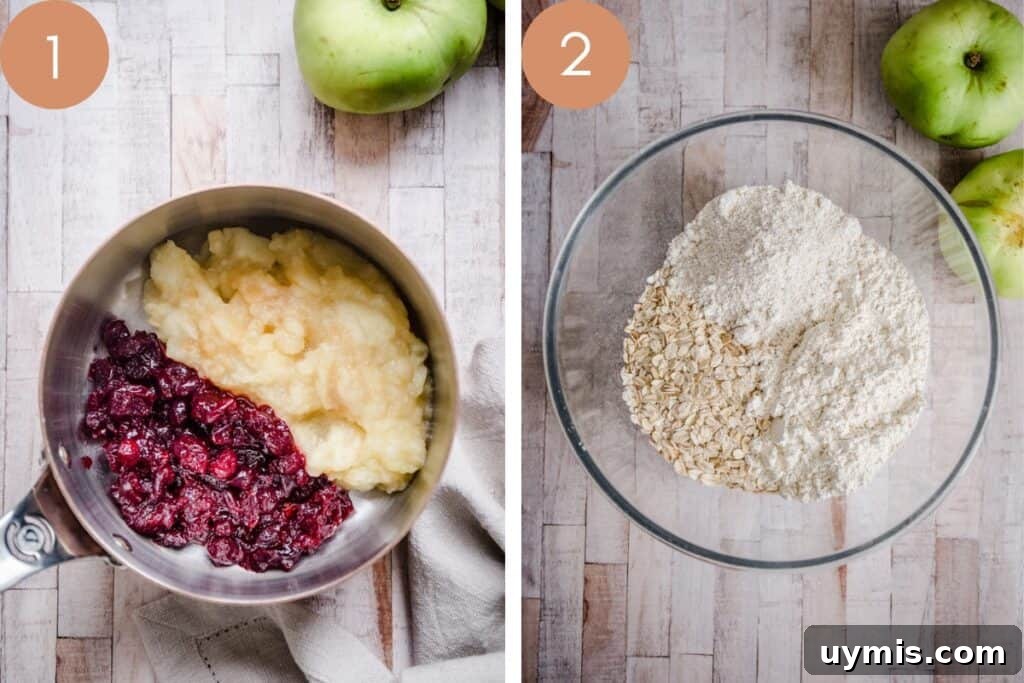 Gluten Free Apple Cranberry Oat Bars Recipe 4 two images of ingredients in a saucepan and in a bowl