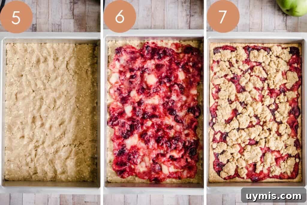 Gluten Free Apple Cranberry Oat Bars Recipe 6 process images of the assembly of the apple cranberry bars