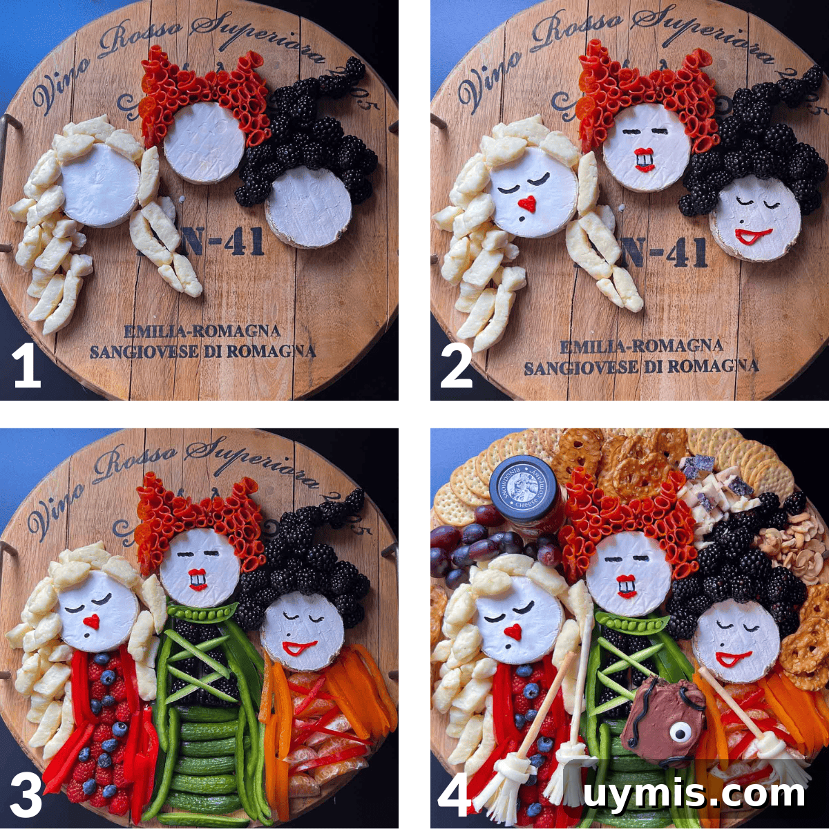 Sanderson Sisters Snack Board for a Hocus Pocus Party 5 step by step sanderson sisters snack board assembly