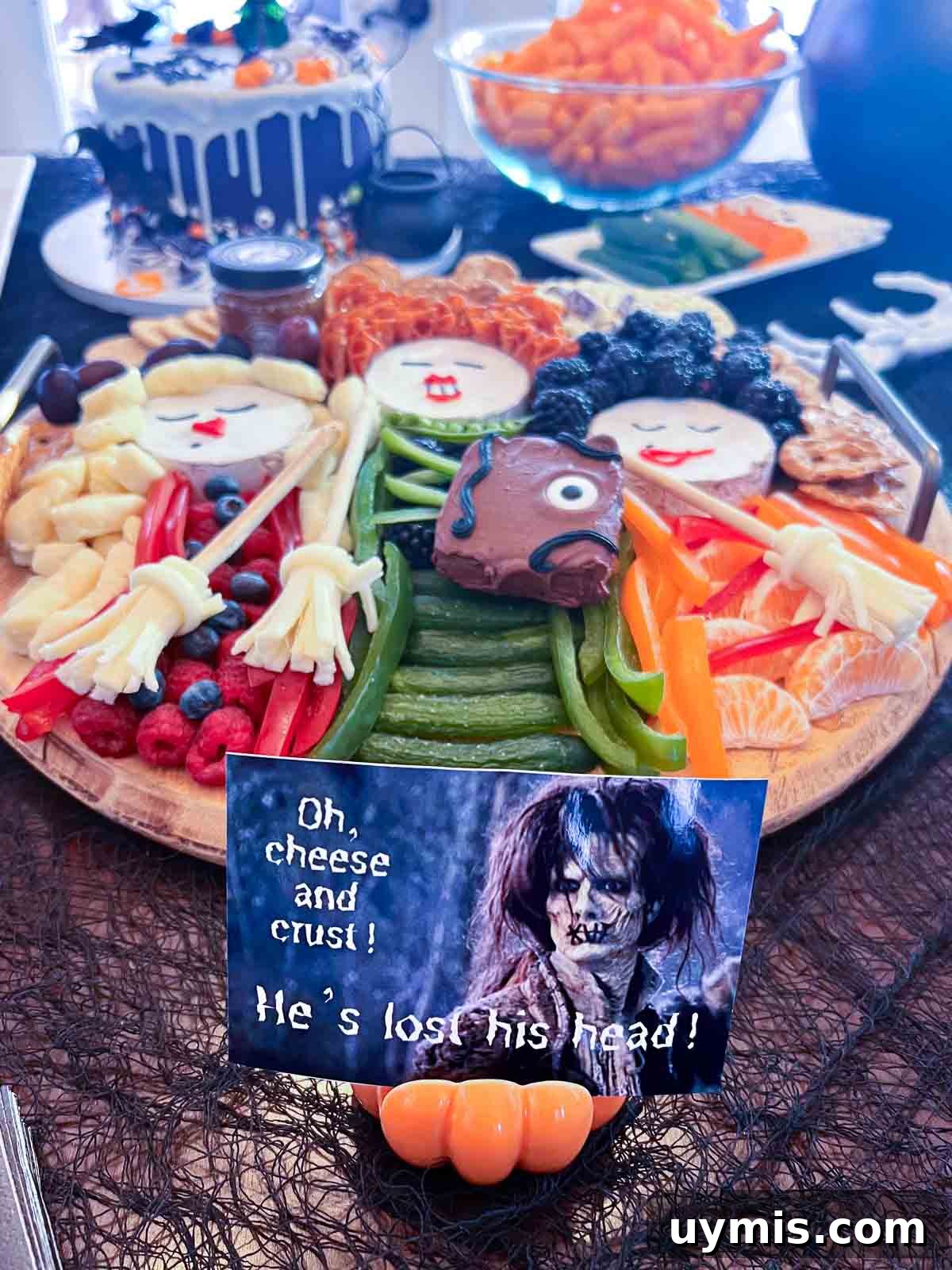 Sanderson Sisters Snack Board for a Hocus Pocus Party 7 up close view of sanderson sisters charcuterie board hocus pocus halloween party food