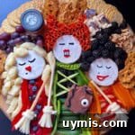up close view of sanderson sisters charcuterie board hocus pocus halloween party food