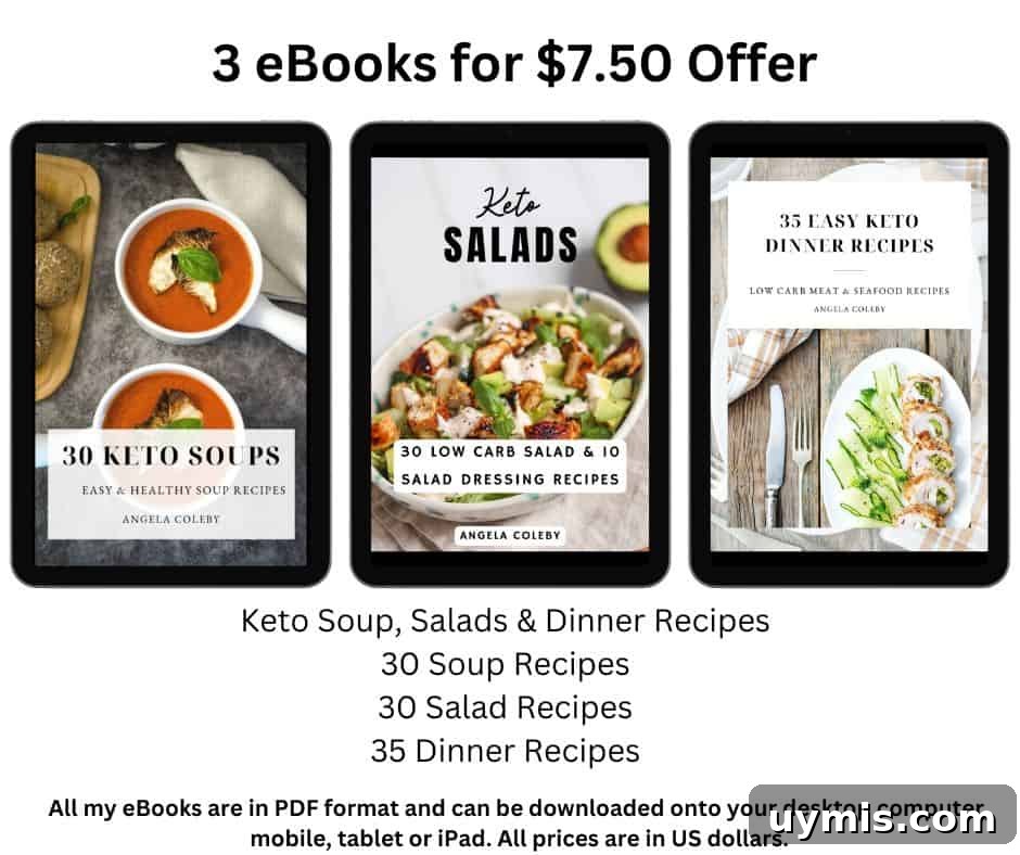 Three eBook covers displayed on tablets advertise a $7.50 offer for keto ebooks. Titles include "30 Keto Soups," "30 Salad Recipes," and "35 Easy Keto Dinner Recipes." All eBooks are in PDF format.