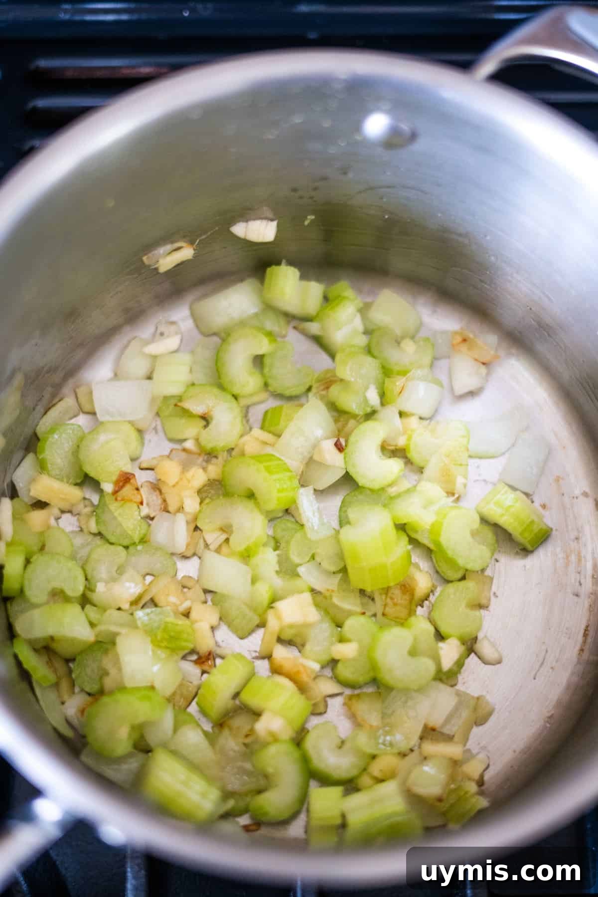 A stainless steel pot with chopped celery, onions, and garlic being sautéed on a stovetop, releasing a mouthwatering aroma. Adding a touch of Caribbean spiced pumpkin elevates the dish with an exotic twist.
