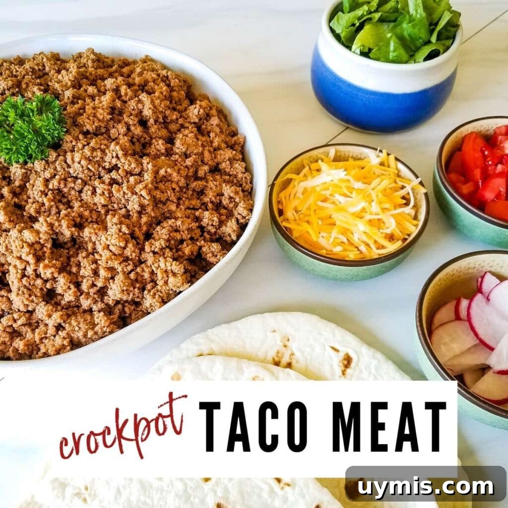 Taco Sides Beyond Rice and Beans: 20 Delicious Ideas 3 Cooked meat in a white bowl, small bowls of cheese, radishes, lettuce & tomatoes and tortillas on a white counter top with Crockpot Taco Meat graphic overlay.